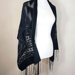 Velour Partial Silk Burnout Paisley Print Shawl With Tassels